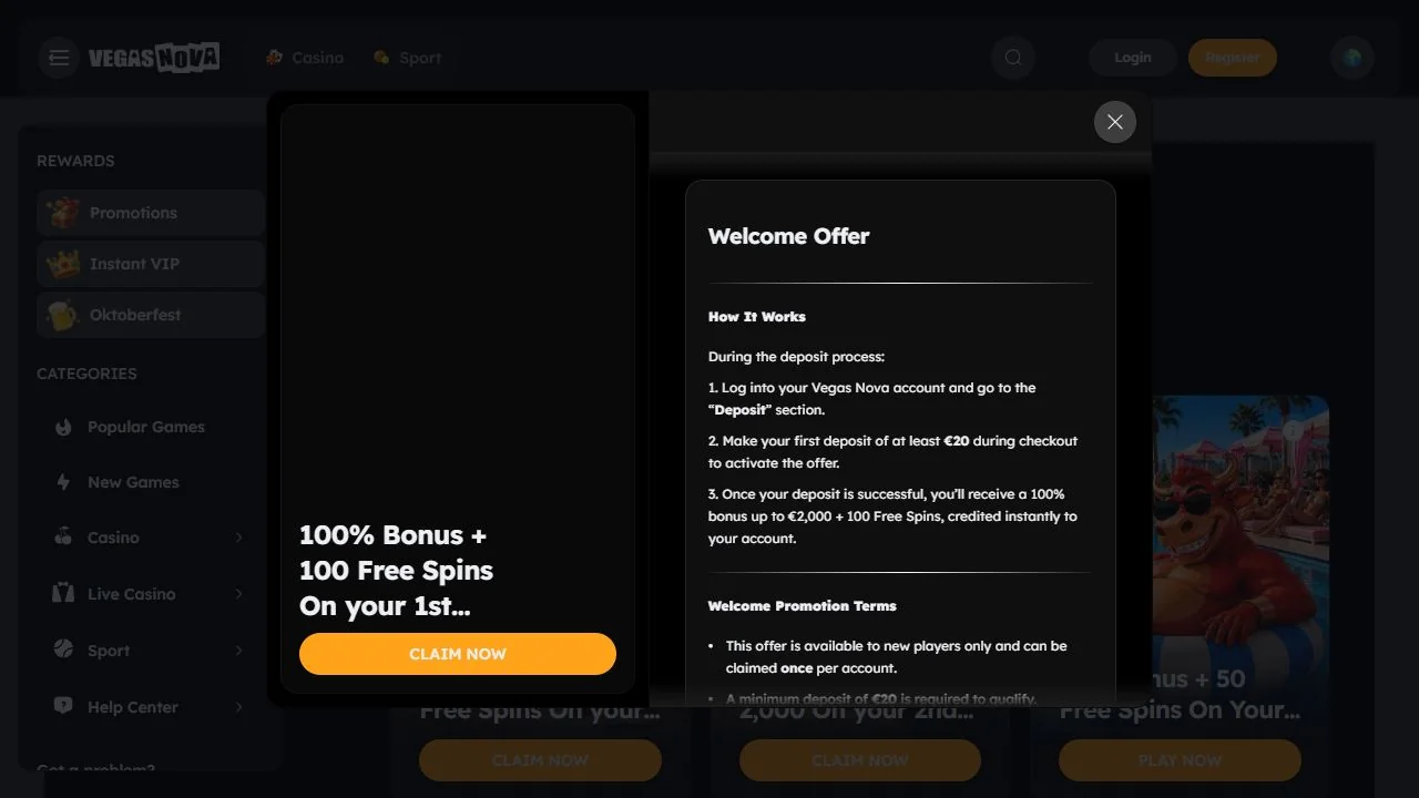 VegasNova welcome bonus terms showing 100 percent and 100 free spins for Deutschland review
