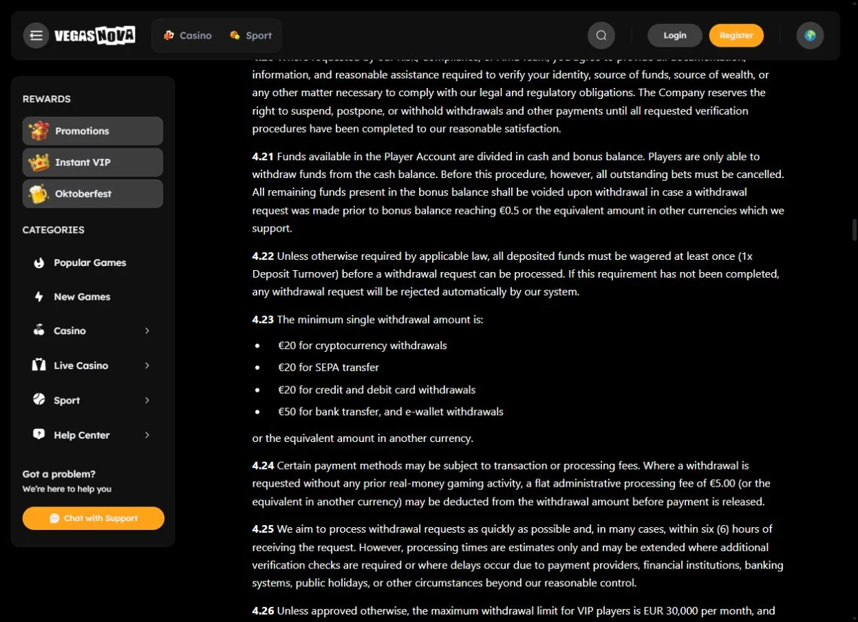 VegasNova official withdrawal limits and processing clauses reviewed for Deutschland